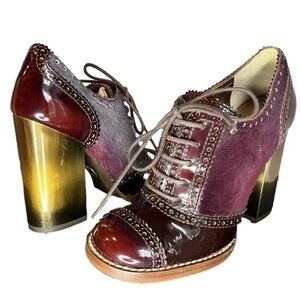 Dolce & Gabbana Booties Pony Hair Patent Leather Lace Up Block Heel Oxford Sz 36